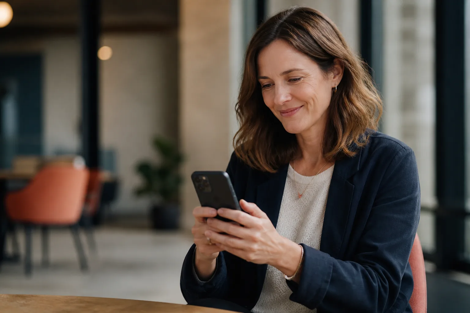 A business owner reviewing content on her phone in a professional workspace.